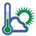 niebiesko-zielony znak graficzny chmury oraz słońca, obok znajduje się ikonka termometru