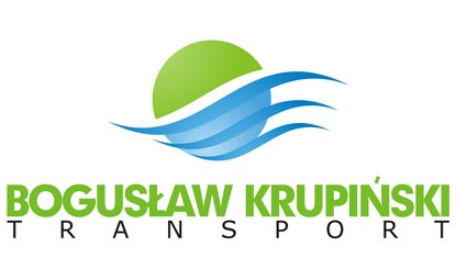 Logo Bogusława Krupińskiego, które składa się z:grafiki (zielonego koła, na którym są umieszczone trzy niebieskie smugi) a pod nią znajdują się napisy: w pierwszym rzędzie zieloną czcionką - Bogusław Krupiński, w drugim czarną czcionką - transport.  