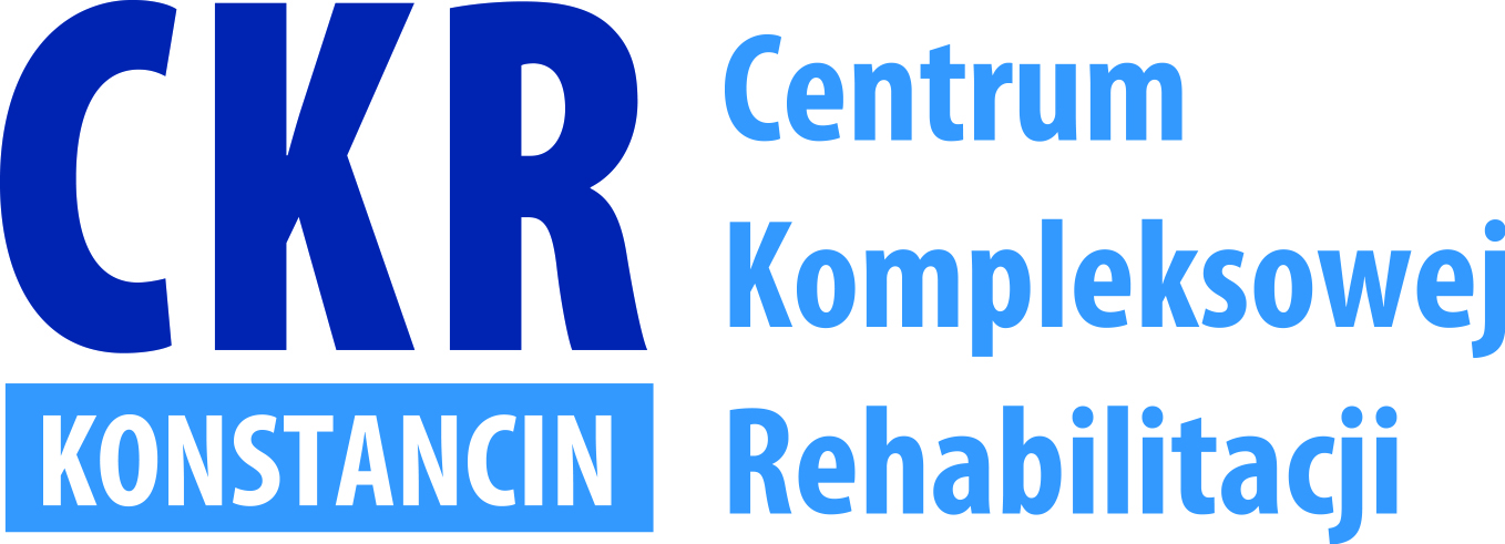 Logo Centrum Kompleksowej Rehabilitacji, które składa się z lewej strony z dużego napisu CKR, a pod nim na niebieskim tle, biały napis – Konstancin. Obok, z prawej strony znajdują się niebieskie napisy: w pierwszym rzędzie - Centrum, w drugim – Kompleksowej, w trzecim Rehabilitacji. 