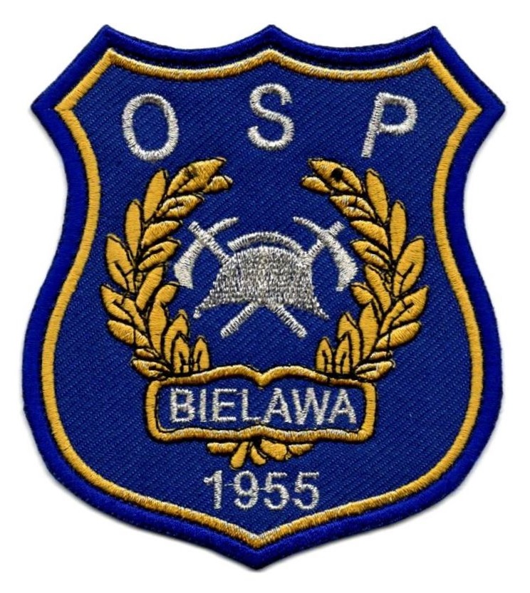 Na niebieskiej tarczy herbowej pośrodku hełm strażacki w otoczeniu liści laurowych, nad nim napis OSP, pod nim Bielawa irok 1955