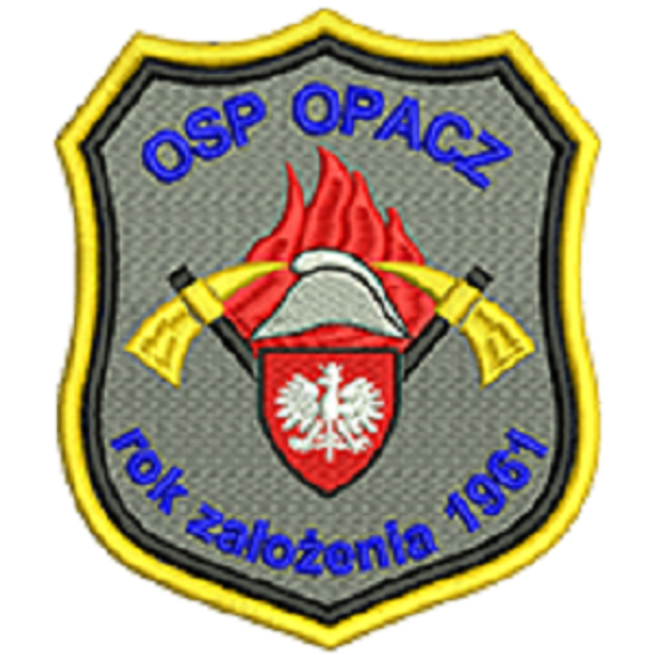 Na tarczy herbowej pośrodku gogło Polski, nad nim hełm strażacki z dwoma toporkami, nad nimi płonień, u góry napis OSP Opacz, na dole napisa rok założenia  1961