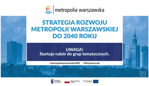 Grafika: niebieskie tło na nim dużą czcionką niebieski napis strategia rozwoju metropolii warszawskiej do 2040 roku