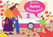 Grafika wektorowa dwie kobiety – starsza i młodsza – witają małą dziewczynkę, która mówi: „Mamo! Mamo! Mammobus!”.