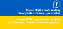 Flaga Ukrainy (dwa poziome pasy: niebieski i żółty). Na niej tekst: Numer PESEL i profil zaufany dla obywateli Ukrainy – jak uzyskać oraz ten sam tekst w języku ukraińskim: Номер PESEL та довірений профіль  для біженців з України – як його отримати. 