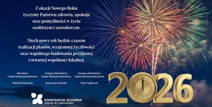 Grafika wektorowa z życzeniami od władz samorządowych gminy Konstancin-Jeziorna, treść życzeń znajduje się w treści artykułu.
