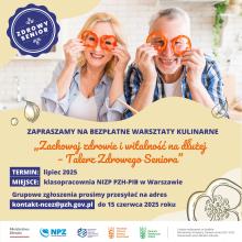 plakat warsztatów kulinarnych, uśmiechnięta kobieta i mężczyzna po 65 roku życia