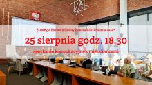 grupa ludzi na prezentacji, napis na czerwono 25 sierpnia godz. 18.30 spotkanie z mieszkańcami