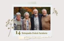 Portret czterech uśmiechniętych seniorów w polaroidowej ramce z botanicznymi ozdobami i tekstem: 14 listopada Dzień Seniora.
