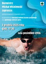 Plakat informujący o spotkaniu w sprawie koncepcji centrum sportu i basenu. 