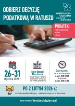 Plakat informacyjny gminy Konstancin-Jeziorna zachęcający do osobistego odbioru decyzji podatkowych (od nieruchomości, rolnego i leśnego) w ratuszu w dniach 26–31 stycznia 2026 r., z podanymi godzinami pracy urzędu oraz informacją o późniejszej wysyłce pocztowej i elektronicznej.