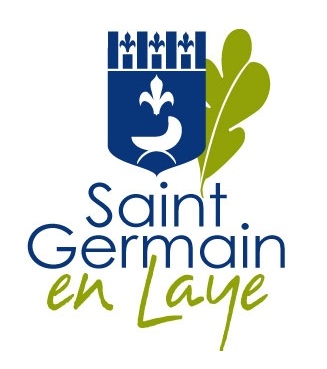 Znak promocyjny miasta. Niebieski herb królewski oraz zachodzący za nią liść dębu. Pod spodem  niebiesko-zielony napis Saint Germain en Laye.