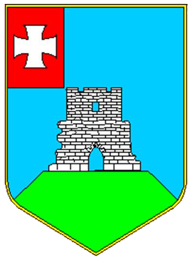 Herb w kształcie tarczy, na niebieskim tle zielona góra, na której szczycie widoczne są ruiny zamku, w lewym rogu czerwony prostokąt z równoramiennym białym krzyżem