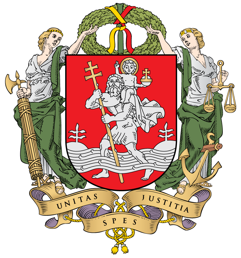 Czerwono-biały herb, któremu towarzyszą dwie żeńskie postacie, trzymające nad herbem wieniec z dębowych liści. Pod herbem znajduje się łacińska sentencja UNITAS JUSTITIA SPES.