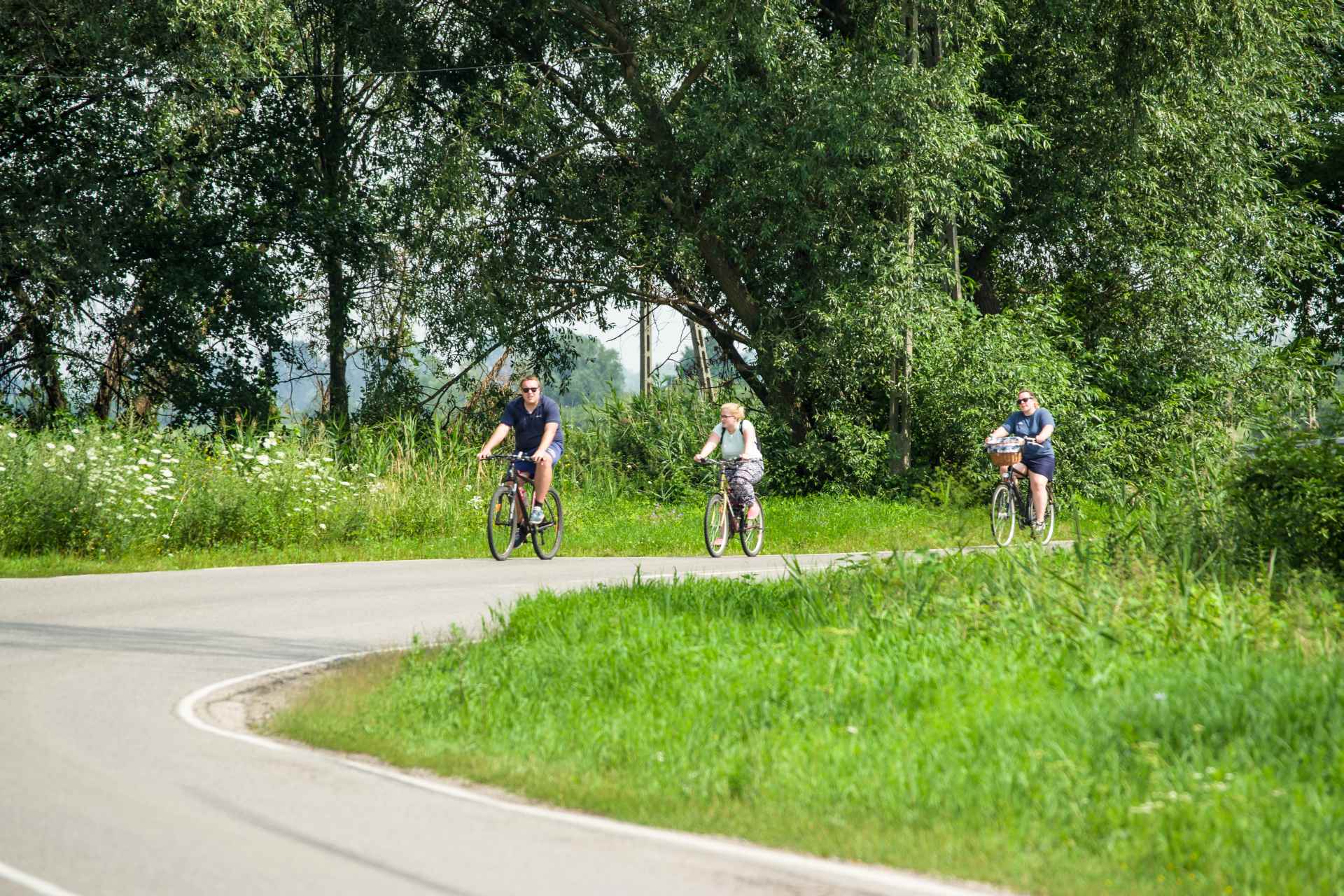 Na pierwszym planie – fragment drogi i pobocza, w tle – trzy osoby jadące na rowerach oraz drzewa.