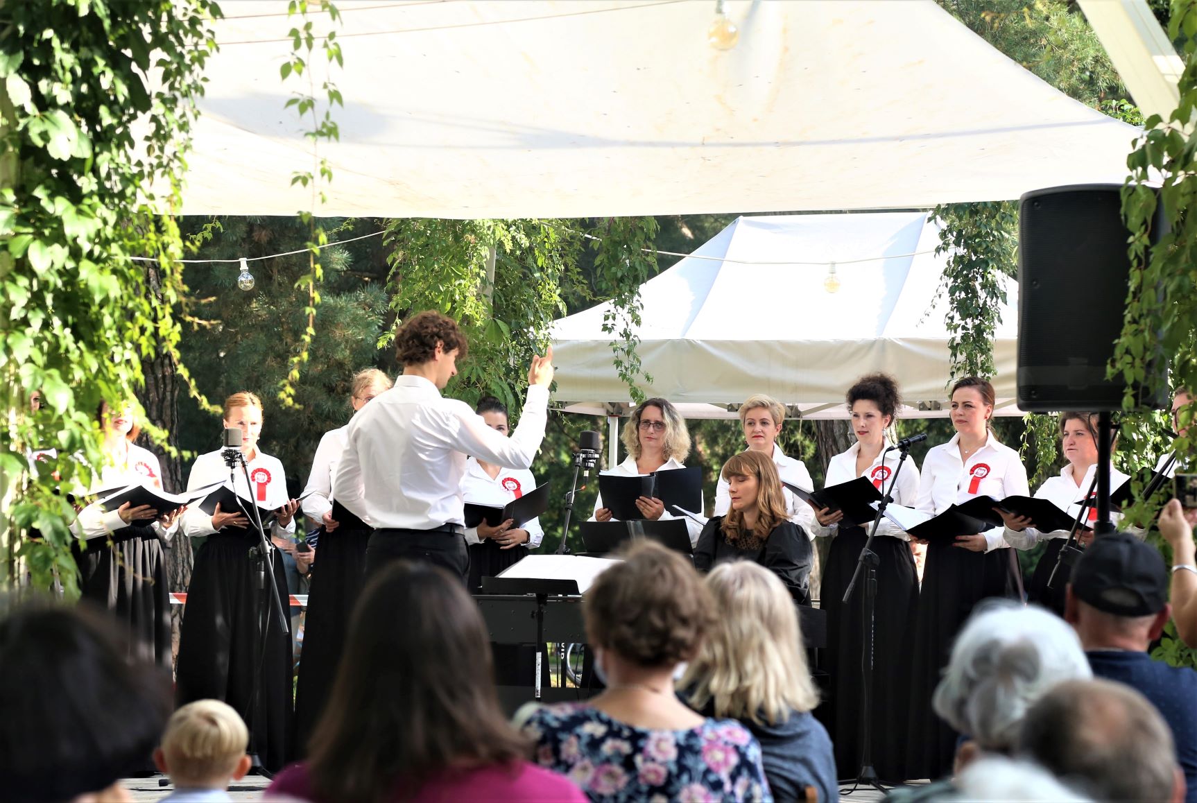 Koncert muzyczny w plenerze. Na scenie stoi chór, około 10 osób, w rękach trzymają śpiewniki. Przed nimi stoi dyrygent. Koncert sucha kilka osób, siedzących na krzesłach. 