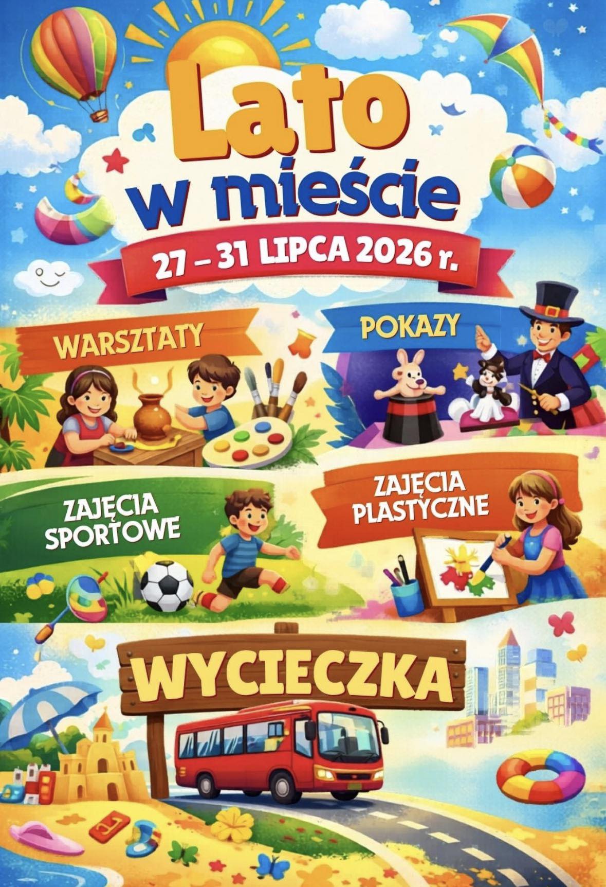 Ilustrowany plakat półkolonii „Lato w mieście” prezentujący warsztaty, zajęcia sportowe, pokazy oraz wycieczki dla dzieci.