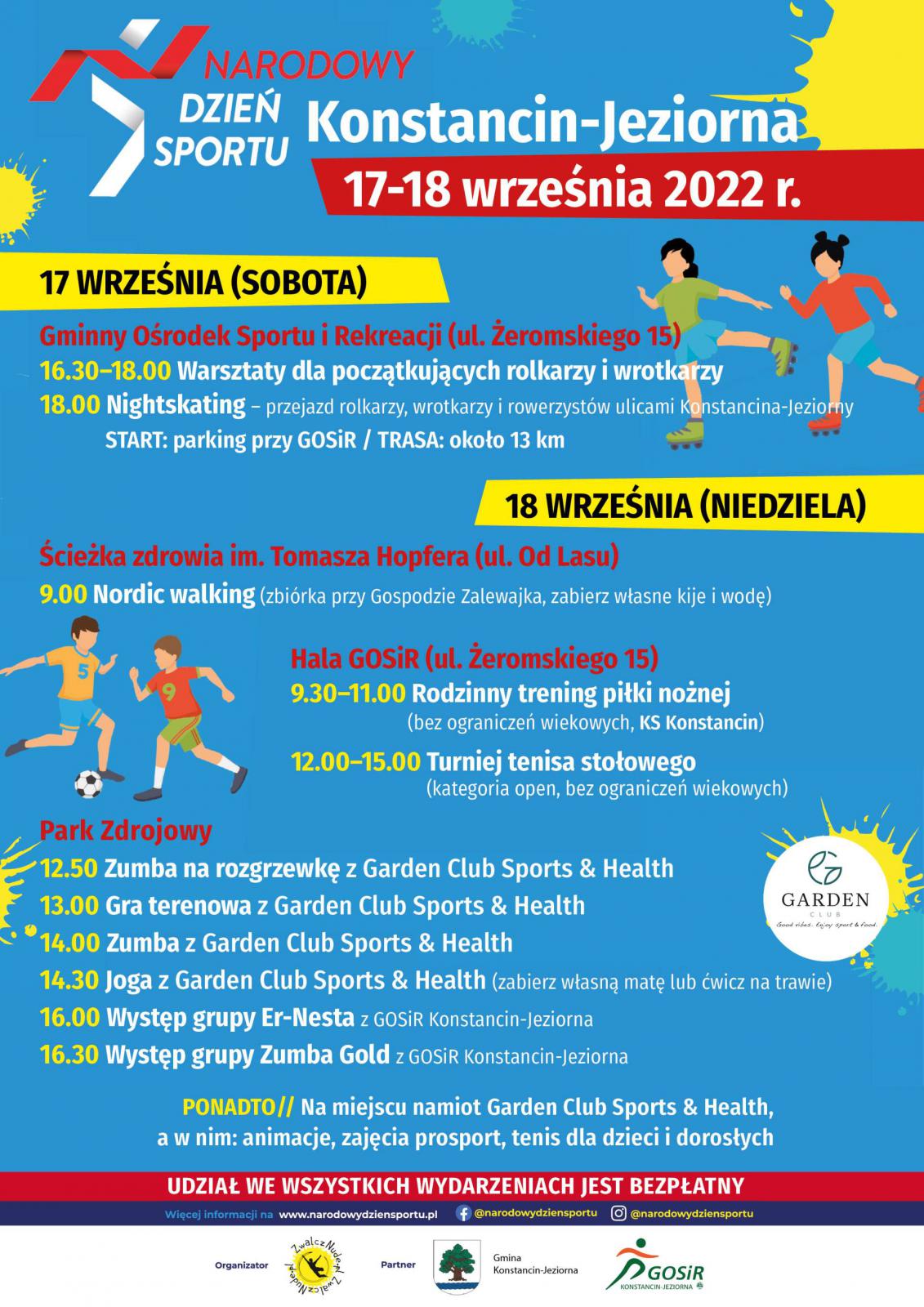 Grafika wektorowa promująca Narodowy Dzień Sportu w Konstancinie-Jeziornie. Treść znajdująca się na plakacie zawarta jest w artykule.