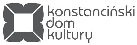 Logo Konstancińskiego Domu Kultury, które składa się: z szarej grafiki prostokątnego listka wypełnionego białym kwadratem oraz szarych napisów: w pierwszym wierszu słowo konstanciński, w drugim słowo dom, a w trzecim słowo kultury. 