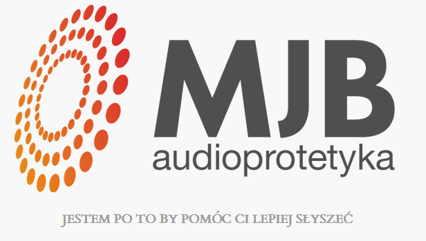 Logo MJB audioprotetyka, które składa się z szarego prostokąta, na którym w lewym rogu jest umieszczona pomarańczowa grafika (wiele małych kropek, które razem tworzą trzy okręgi). Obok grafiki znajdują się szare napisy: w pierwszym wierszu skrót MJB, w drugim słowo audioprotetyka, w trzecim zdanie: jestem po to by pomóc Ci lepiej słyszeć. 