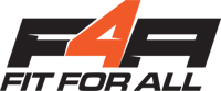 Logo studia  Fit4All Gym&Fitness, które składa się z napisu: w pierwszym wierszu skrótu: F4A, gdzie litery: F i A są koloru czarnego, a liczba 4 koloru pomarańczowego, w drugim wierszu czarnego napisu: Fit For All. 