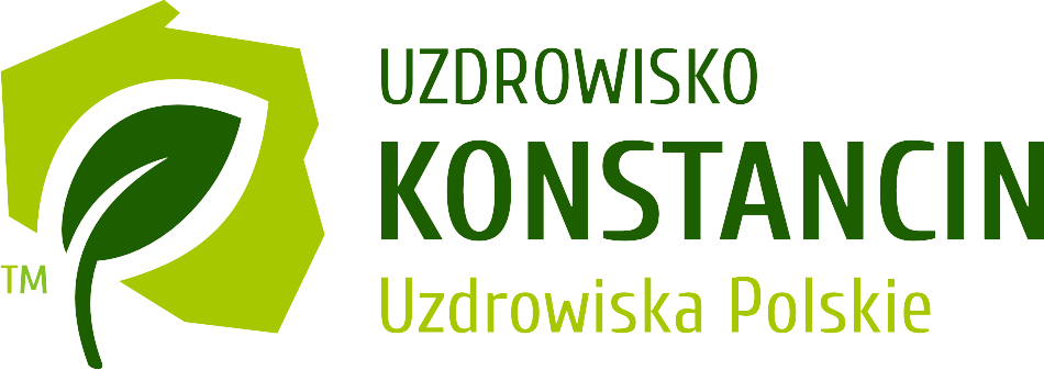 Logo Uzdrowiska Konstancin, które składa się z: grafiki (ciemno zielonego listka, umieszczonego na jasno zielonym tle, które ma kształt Polski oraz zielonych napisów: w pierwszym wierszu słowo Uzdrowisko, w drugim słowo Konstancin, a w trzecim słowo Uzdrowiska Polskie. 