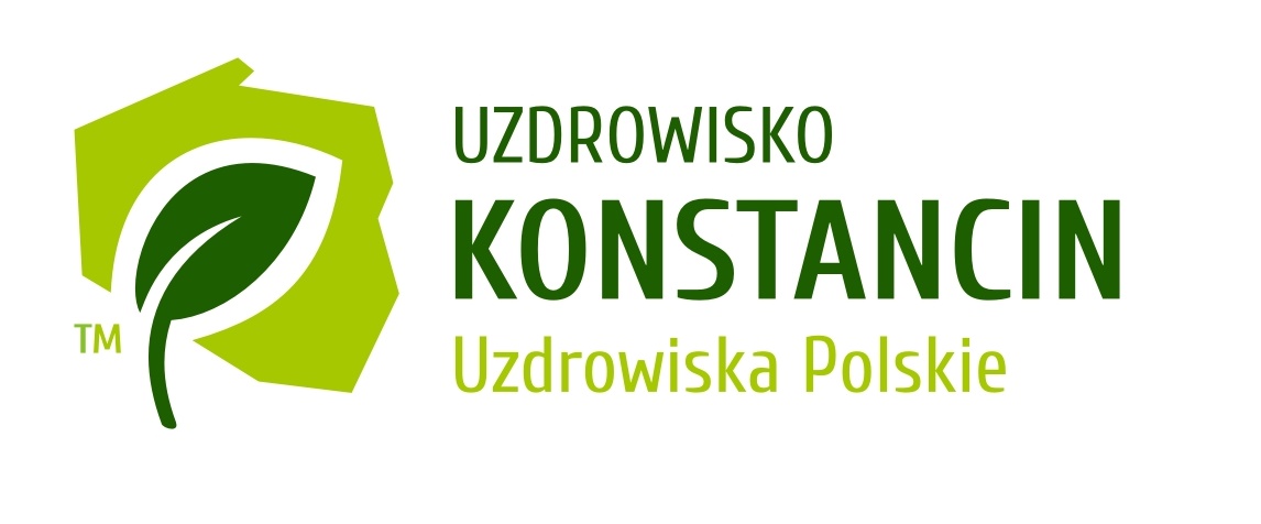 Logo Uzdrowiska Konstancin, które składa się z:grafiki (mocno zielony listek umieszczony na jasno zielonym tle, które ma kształt Polski) oraz zielonych napisów: w pierwszym rzędzie słowo Uzdrowisko, w drugim Konstancin, w trzecim Uzdrowiska Polskie. 