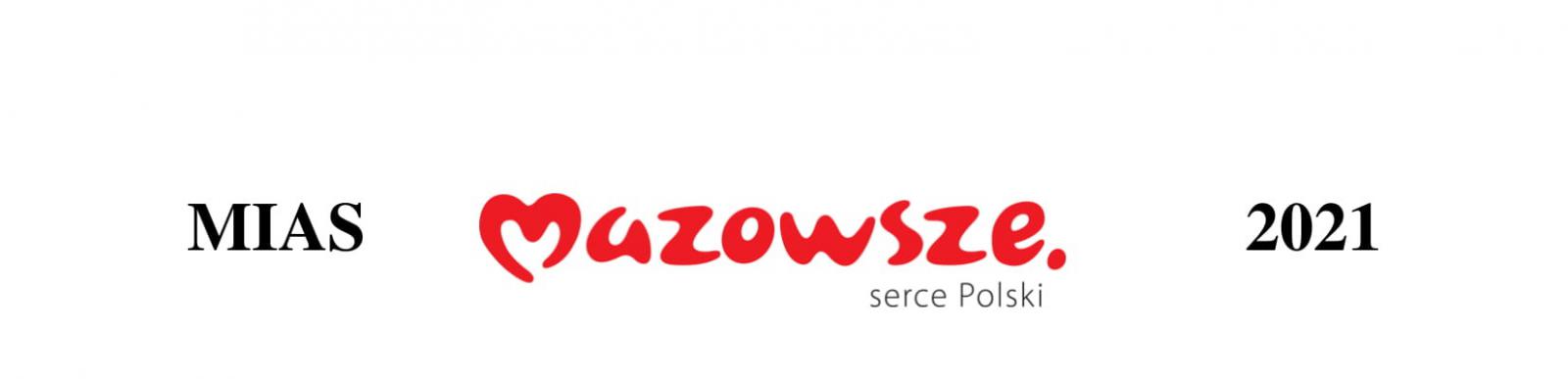 Z lewej strony czarny napis MIAS, na środku czerwony napis Mazowsze, z prawej czarny napis 2021.