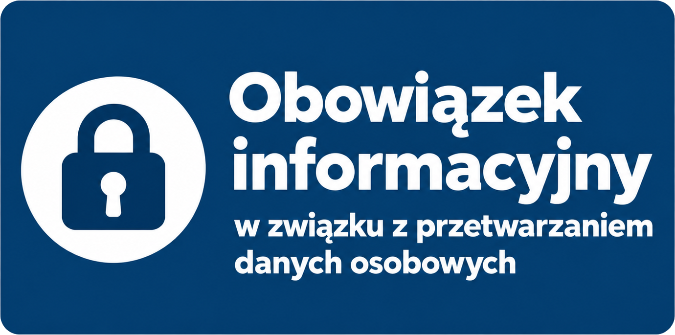 Granatowa grafika z białą ikoną kłódki i napisem „Obowiązek informacyjny w związku z przetwarzaniem danych osobowych”.