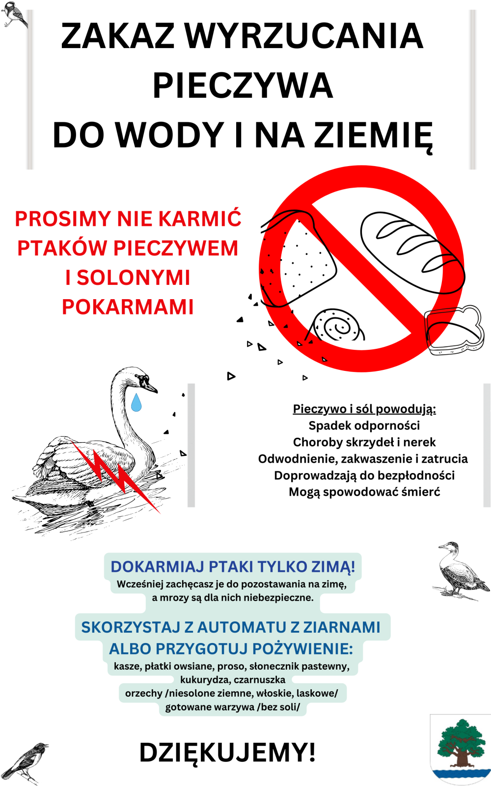 ablica edukacyjna informująca o zakazie karmienia ptaków pieczywem i solonym jedzeniem, wyjaśniająca ich szkodliwość oraz zachęcająca do bezpiecznego dokarmiania ptaków zimą ziarnami i odpowiednim pokarmem.