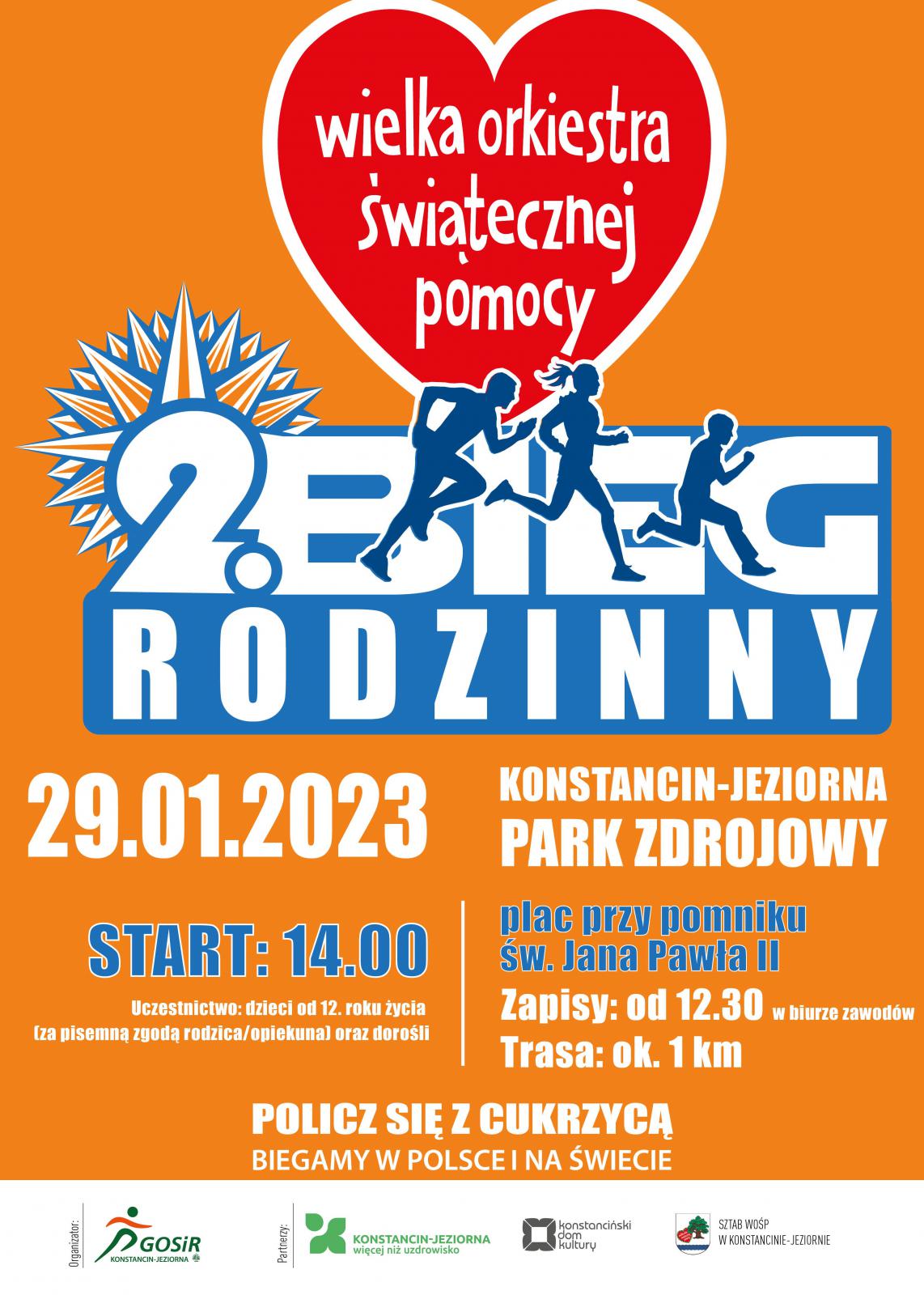 Plakat promujący 2. Bieg Rodzinny w Parku Zdrojowym, treść z plakatu znajduje się w artykule.