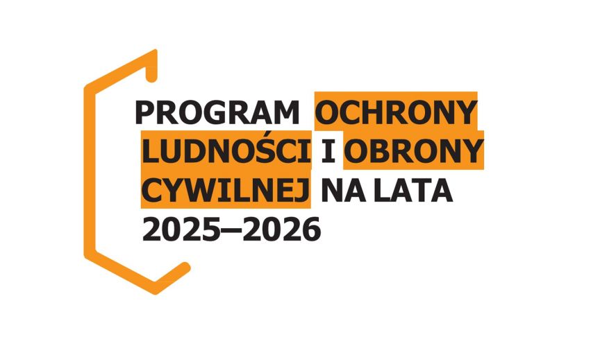 Grafika z napisem „Program Ochrony Ludności i Obrony Cywilnej na lata 2025–2026” w czarno-pomarańczowej kolorystyce.