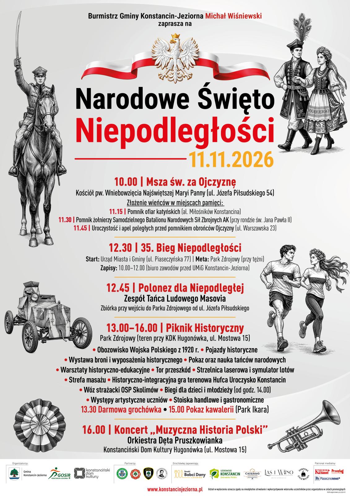 Plakat zapraszający na obchody Narodowego Święta Niepodległości 11 listopada 2026 r. w Konstancinie-Jeziornie, z programem uroczystości, biegiem, polonezem, piknikiem historycznym i koncertem patriotycznym.