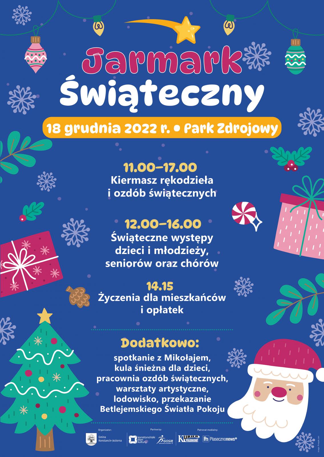 Plakat promujący jarmark świąteczny. Czerwone tło z świątecznymi elementami graficznymi (gwiazdki, śnieżynki) na nim dwa zdjęcia – kobiety oraz z parady świątecznej. W głównej części znajdują się szczegółowe informacje dotyczące wydarzenia, które zostały również powielone w artykule. 