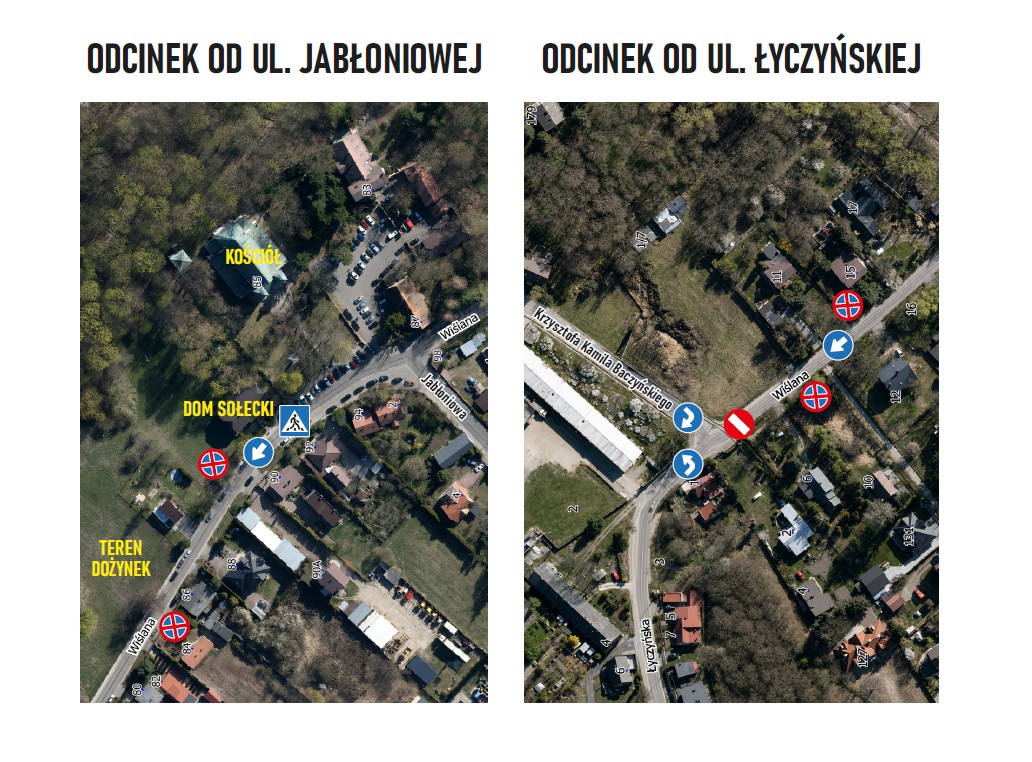Grafika przedstawia dwa zdjęcia lotnicze z oznaczeniami dotyczącymi czasowej organizacji ruchu na ul. Wiślanej w Słomczynie. Po lewej zaznaczono odcinek od ul. Jabłoniowej, z lokalizacją kościoła, Domu Sołeckiego i terenu dożynkowego oraz znakami zakazu ruchu. Po prawej pokazano odcinek od ul. Łyczyńskiej, z oznaczeniami znaków zakazu ruchu, nakazu jazdy oraz zmian organizacji ruchu na skrzyżowaniu.