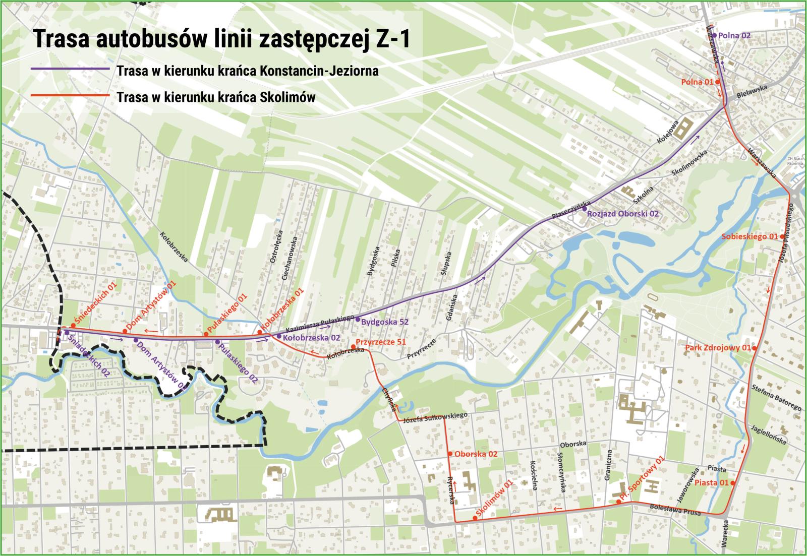 Mapa z trasą autobusów linii zastępczej Z-1.