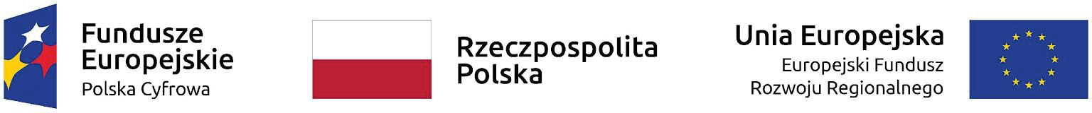 Grafika – trzy logotypy obok siebie. Od lewej: niebieski prostokąt z 3 kolorowymi gwiazdkami i napis Fundusze Europejskie Polska Cyfrowa, biało-czerwony prostokąt i napis Rzeczypospolita Polska,  niebieski prostokąt, a w nim  są w okręgu ułożone gwiazdki i napis Unia Europejska, Europejski Fundusz Rozwoju Regionalnego.