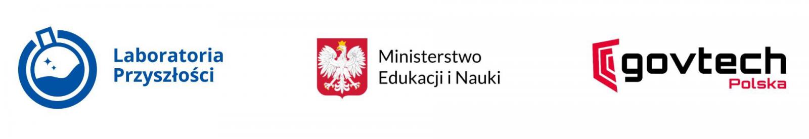 Trzy loga obok siebie. Pierwsze to niebieski okrąg w nim butelka szklana i napis laboratoria przyszłości. Drugie to wielobok z czerwonym tłem , na nim rysunek orła i napis Ministerstwo Edukacji i Nauki. Trzecie to trzy grube czerwone wykrzywione w pionie kreski i napis govtech Polska. 