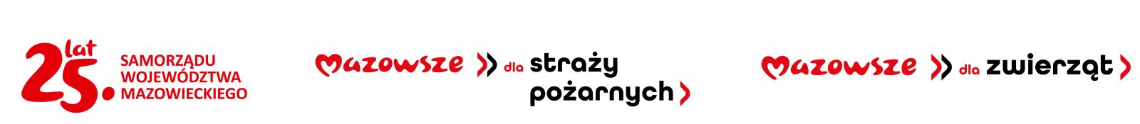 Logo: 25 lat Samorządu Województwa Mazowieckiego, Mazowsze dla straży pożarnych, Mazowsze dla zwierząt.