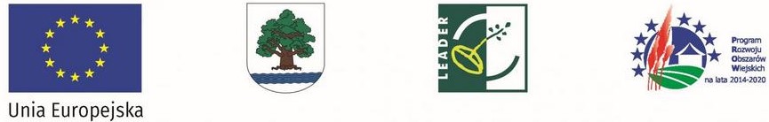 Flaga Unii Europejskiej, herb gminy Konstancin-Jeziorna oraz logo: Leader i Programu Rozwoju Obszarów Wiejskich na lata 2014–2022