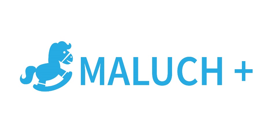 Niebieski Logotyp programu Maluch+, z lewej strony konik na biegunach, z prawej strony napis Maluch i znak plus