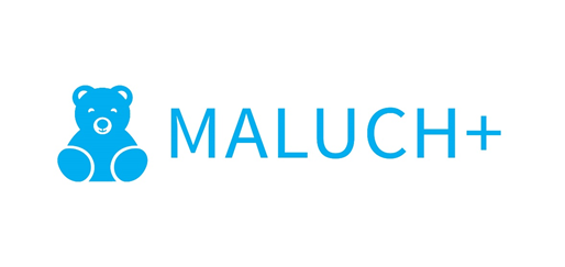 Logotyp programu Maluch +, z lewej strony niebieski miś, po prawej stronie napis Maluch i znak plus również w kolorze niebieskim
