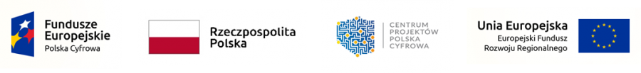 Znaki graficzne programu: od lewej trzy gwiazdy w kolorze czerwonym, żółtym i białym na niebieskim rombie, obok po prawej napis Fundusze Europejskie Polska Cyfrowa w kolorze czarnym,  dalej na prawo biało-czerwona flaga i czarny napis Rzeczpospolita Polska, kolejno znak graficzny z konturem Polski i wpisanymi weń elementami elektronicznymi, pionowa czarna kreska i czarny napis Centrum Projektów Polska Cyfrowa, po prawej stronie napisy Unia Europejska Europejski Fundusz Rozwoju Regionalnego w kolorze czarnym, z prawej strony prostokąt w kolorze niebieskim, na nim 12 żółtych gwiazd w okręgu
