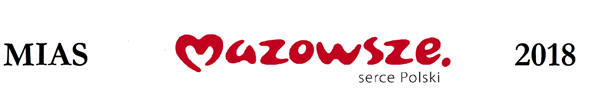 Znaki programu MIAS Mazowsze 2018. od lewej czarny napis MIAS, pośrodku napis Mazowsze w kolorzez czerwonym, poniżej dopisek w kolorze czarnym Serce Polski, z prawej strony rok 2018