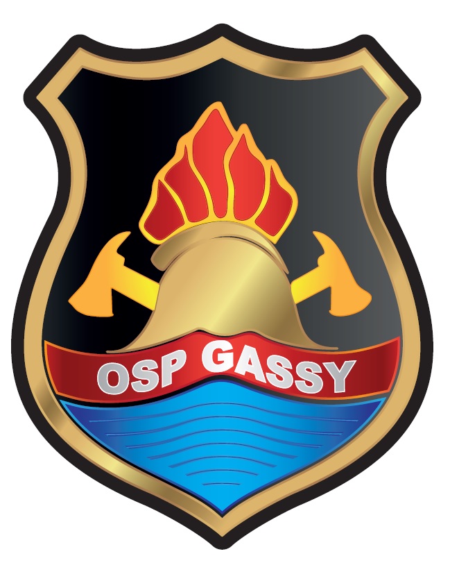 Na tarczy herbowej pośrodku hełm z toporkami i płomieniem, pod nimi napis OSP GASSY i fale rzeki.
