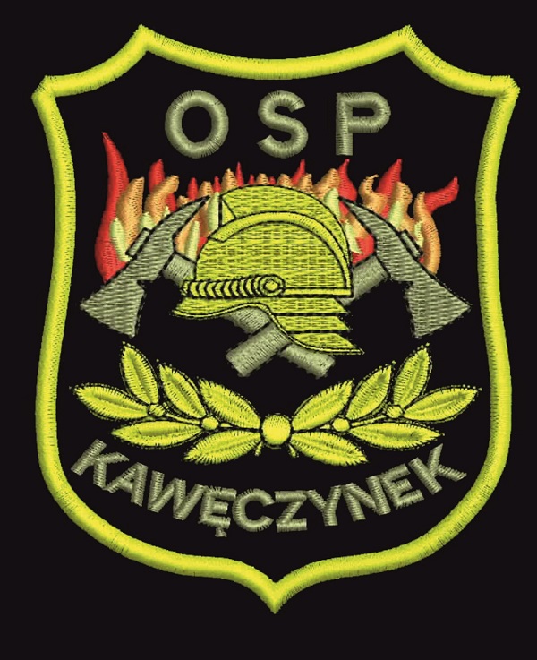 Na tarczy herbowej pośrodku hełm strażacki oraz dwa toporki, powyżej płomienie, nad nimi napis OSP. Pod herbem niewielki ornament z liści i napis Kawęczynek.