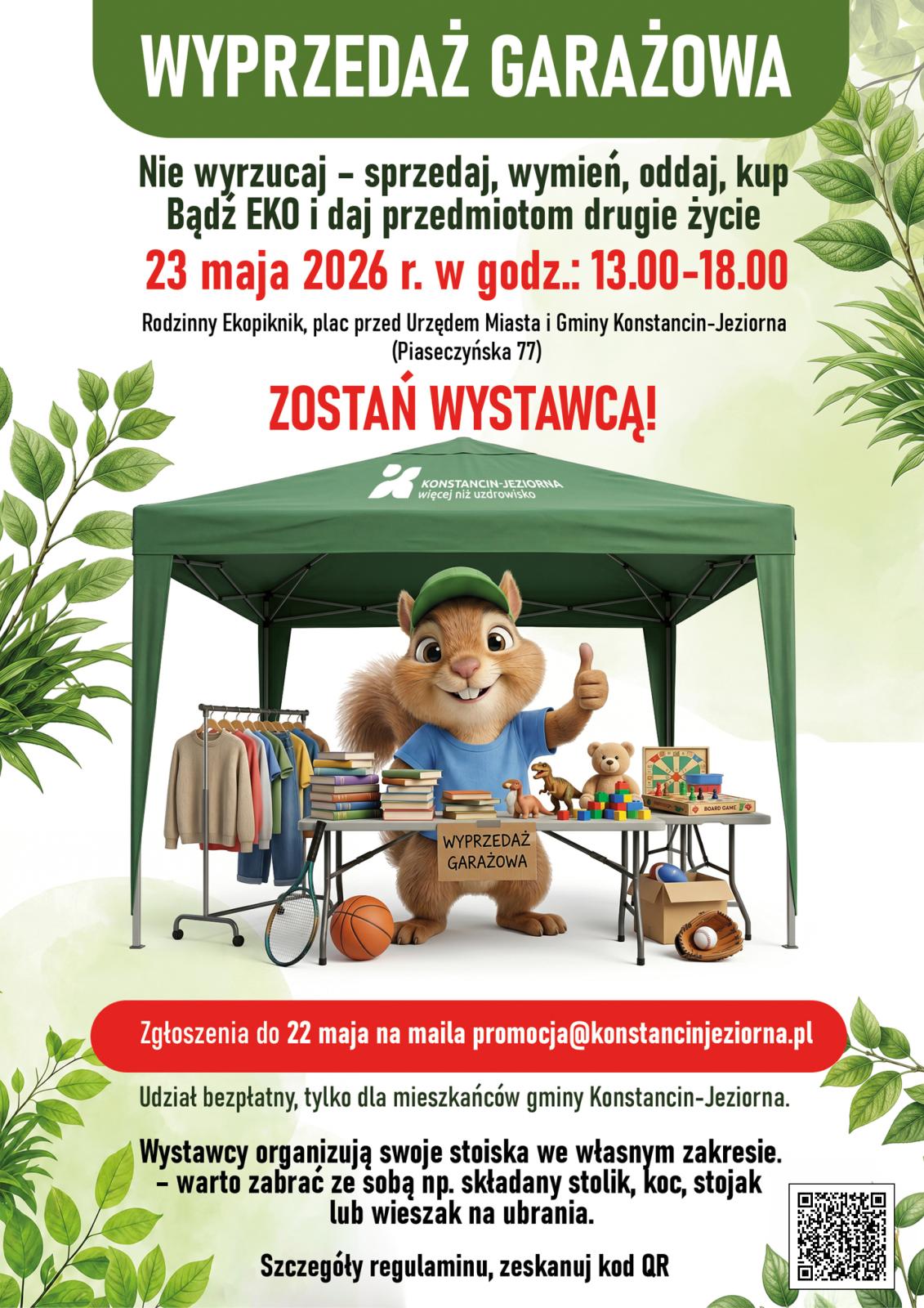 Plakat promujący wyprzedaż garażową organizowaną 23 maja 2026 r. przed Urzędem Miasta i Gminy Konstancin-Jeziorna.