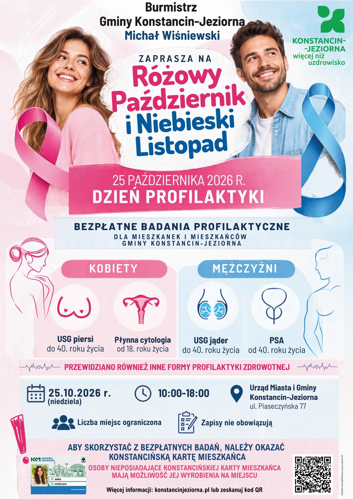 Plakat zapraszający na Dzień Profilaktyki 25 października 2026 r. w Konstancinie-Jeziornie, z wizerunkami kobiety i mężczyzny oraz różową i niebieską wstążką symbolizującymi profilaktykę nowotworową.