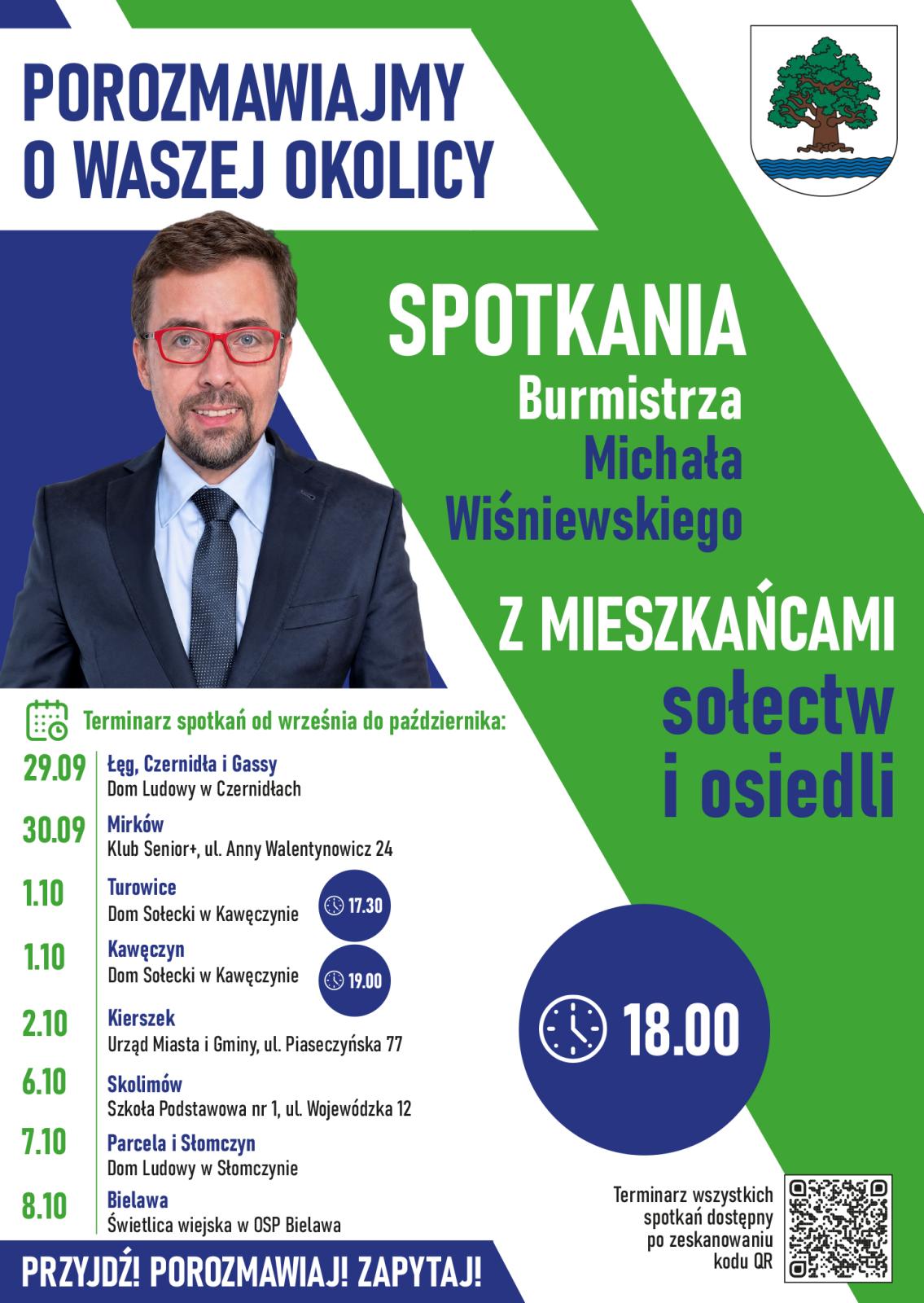 Plakat zapowiada spotkania burmistrza Michała Wiśniewskiego z mieszkańcami sołectw i osiedli w dniach 29 września–8 października 2026 r.