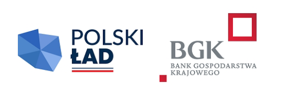 Grafika: dwa logotypy obok siebie. Z lewej stroni niebieski wielobok i napis Polski Ład, z prawej czerwony kwadrat i napis BGK