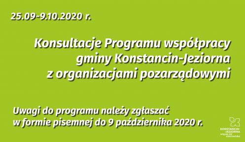 Od góry napis 25.09 do 9.10.2020 r. kolejno - konsultacje programu współpracy gminy Konstancin-Jeziorna z organizacjami pozarządowymi, ponizej uwagi do programu należy zgłaszać w formie pisemnej do 9 października 2020 r.